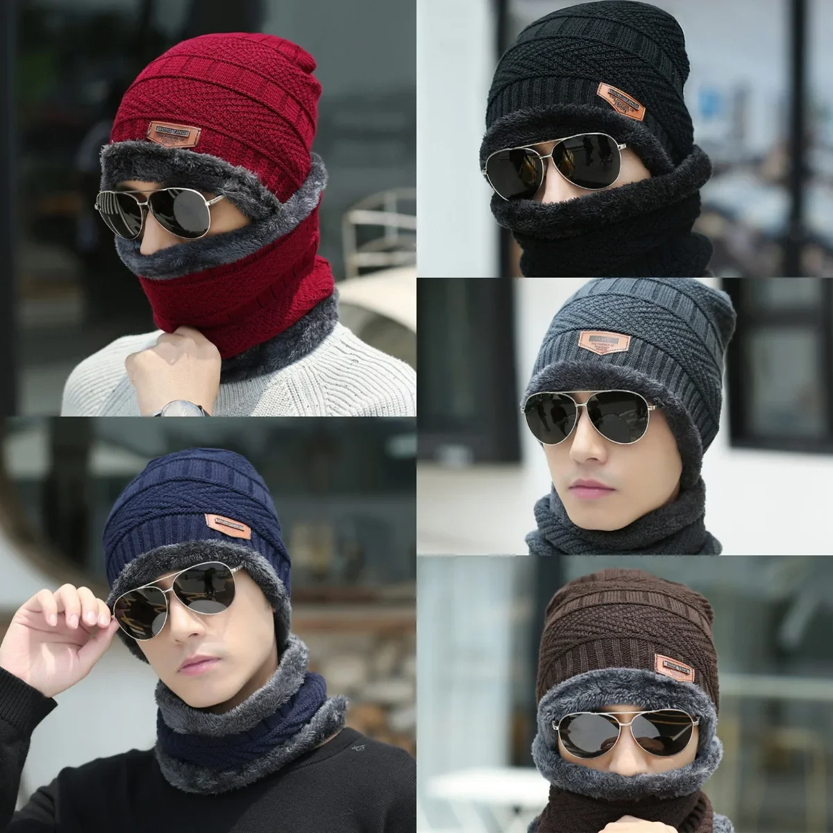 

Winter Solid Warm Knitted Hat Unisex Padded Warm Scarf Cap Thickened Woolen Set of Hats Ear Protection Cold Cap Beanies Skullies