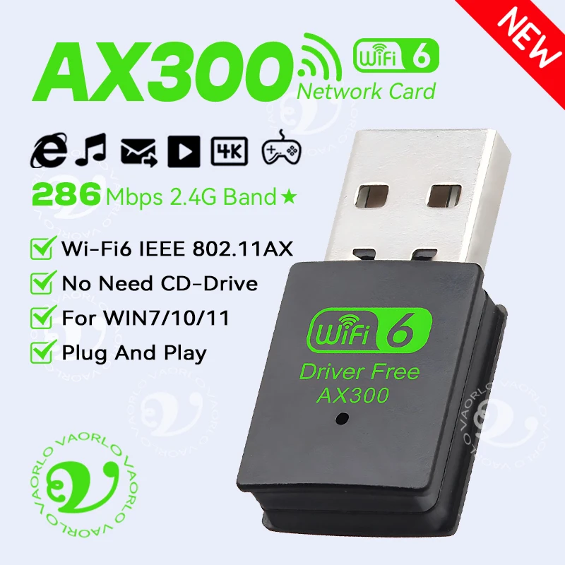 Mini USB WiFi Bezprzewodowy Adapter WIFI6 AX300 802.11AX Karta Sieciowa 2.4GHz Dongle Odbiornik 286M Do PC/Laptopa Win7/10/11 Bez Sterowników