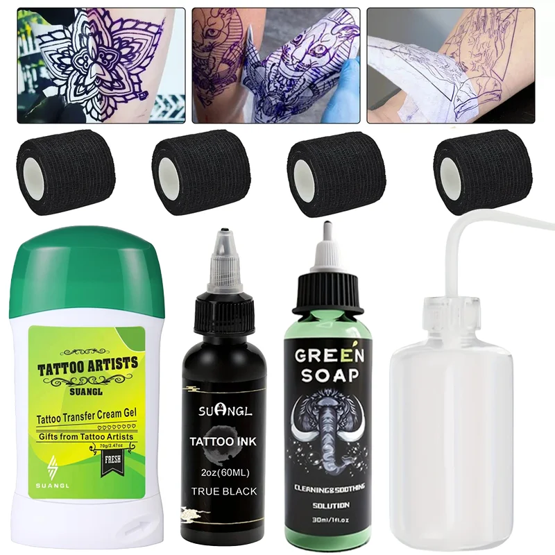 

Advanced tattoo transfer package -70g gel, 60ml black tattoo ink, 30ml green soap with squeeze bottle, tattoo supplies