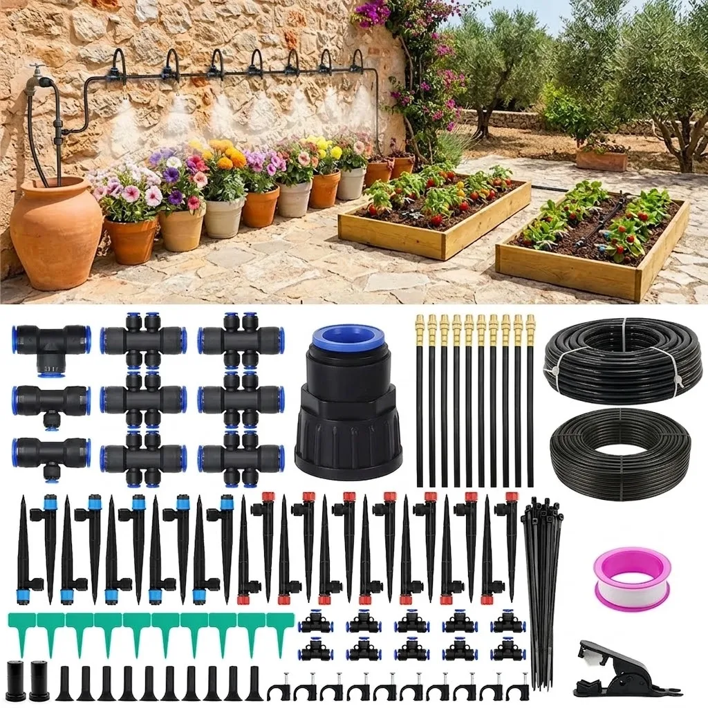 Quick Connect Watering for Outdoor Plants Drip Irrigation Kit with 3 Spray Types Garden Misting System 3 Adjustable Nozzles