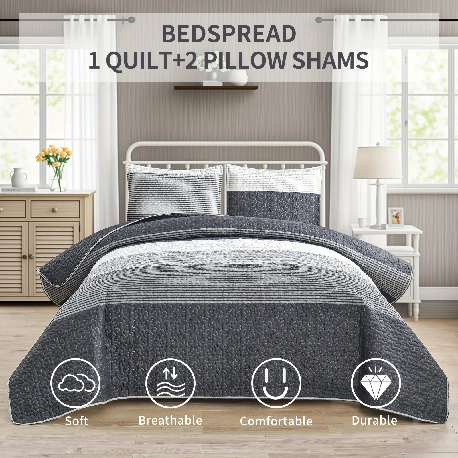 

2/3pcs of a Dark Grey Quilted Bedspread Set (1 Bedspread + 1/2 Pillowcase Without Filler), Featuring Soft, Breathable, And Comfo
