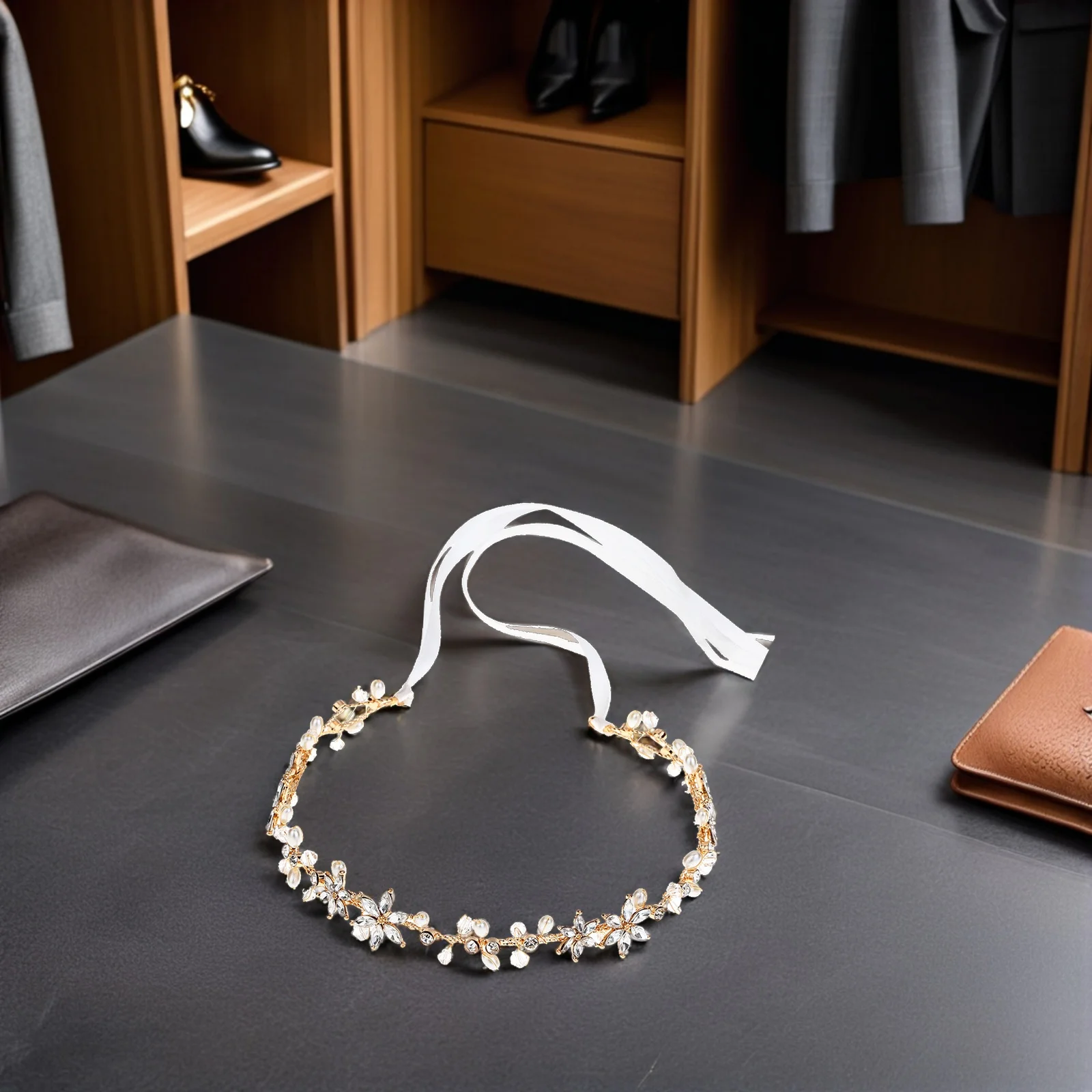 

Handcrafted Bridal Belt Rhinestone Pearl Embellished Golden Waist Sash Adjustable for Wedding Dress Bridesmaid Evening Gown