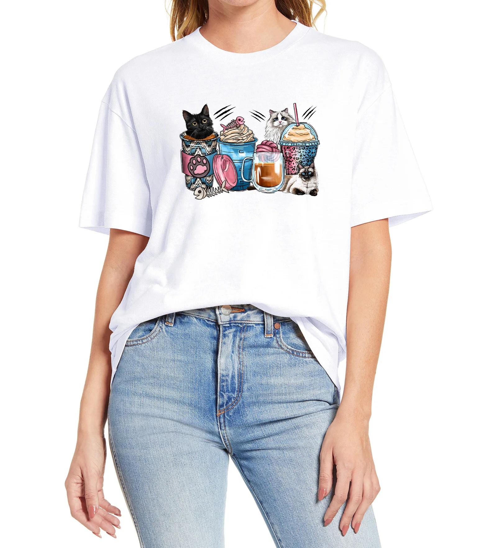 

Cute Muppet Cat ice Cream Cup Printing 100% Cotton Male and female Short Sleeve T-Shirt Women Casual Streetwear Clothing Top