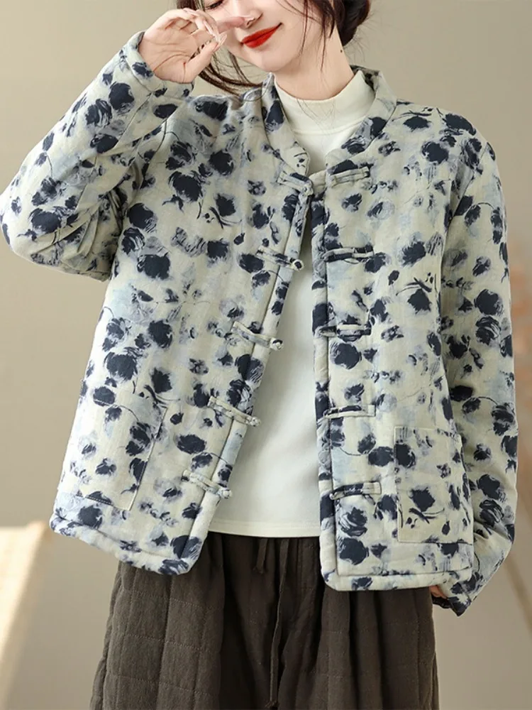 

Thiened ort Cotton Jaet Women's Winter Coat Buttoned Cotton Linen Print Retro Sle Loose Fit Casual Inner Cotton Padded