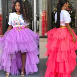 Fashion Long Tulle Skirts Tiered Lavender Female Layered Tutu Skirt Elastic Waistband Women Skirts High Low Customized