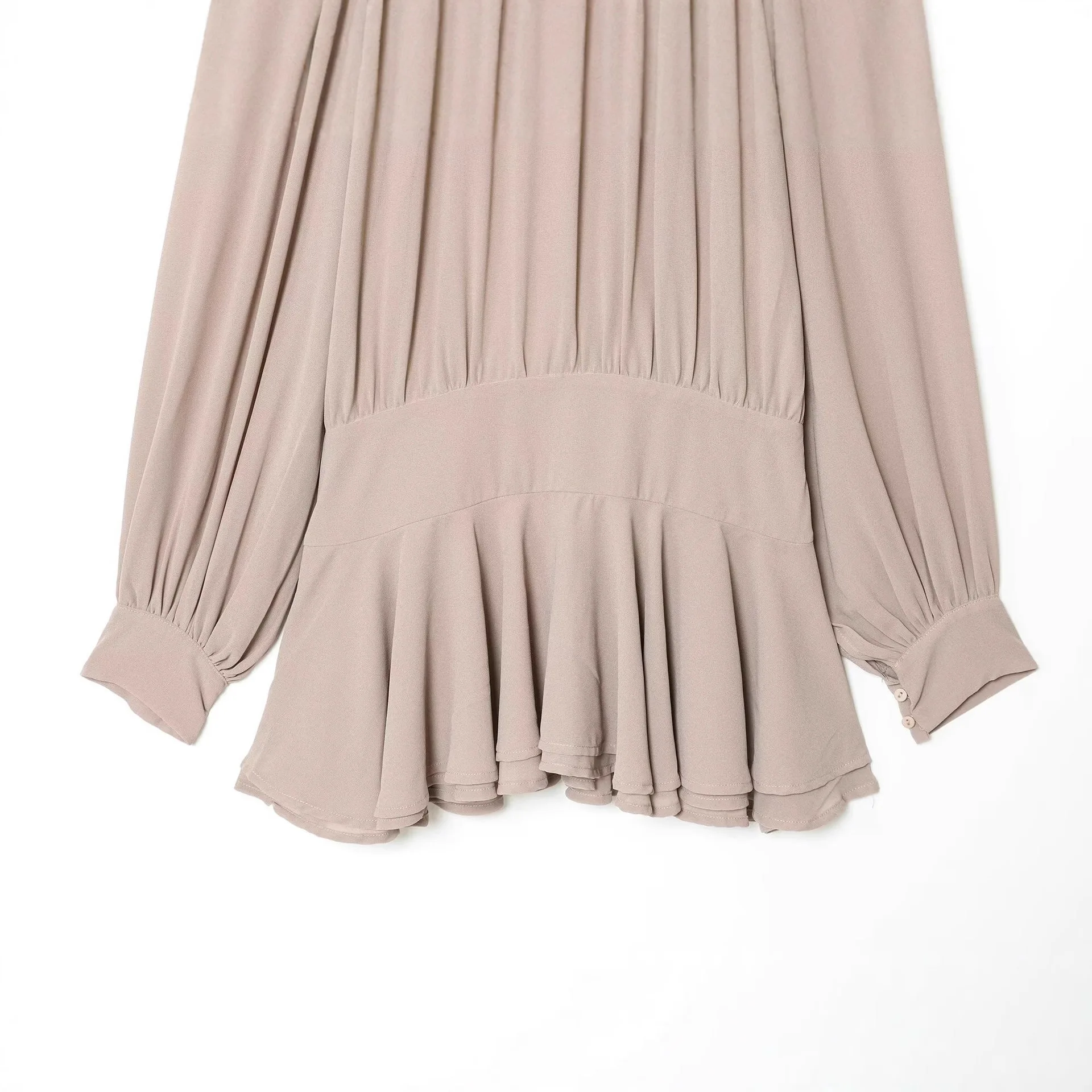 Herbst Frühling Damenmode Elegantes Büro-Bowknot-Kleid Lockerer Alltag Beige Chiffon-Hemdrock mit Rüschensaum