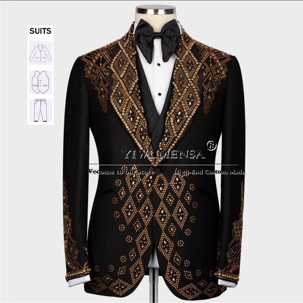 

Luxury Beaded Stones Suits Men Slim Fit 3-Piece Formal Occasion Groom Wear Wedding Tuxedos Customized Male Fashion Dinner Dress