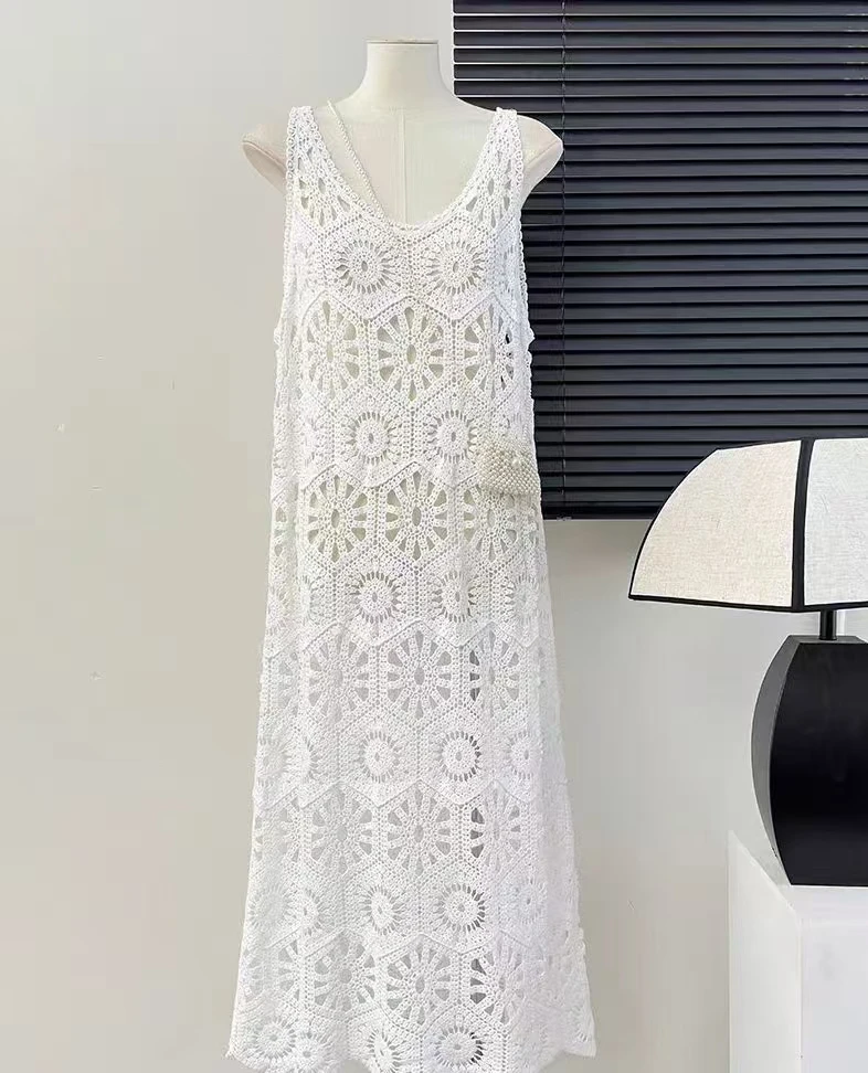 Gehäkeltes Maxikleid für Damen, durchsichtiges Cover-Up, ärmelloses, durchbrochenes Spitzen-Cami-Kleid, Sommer-Boho-Chic-Strandoutfit