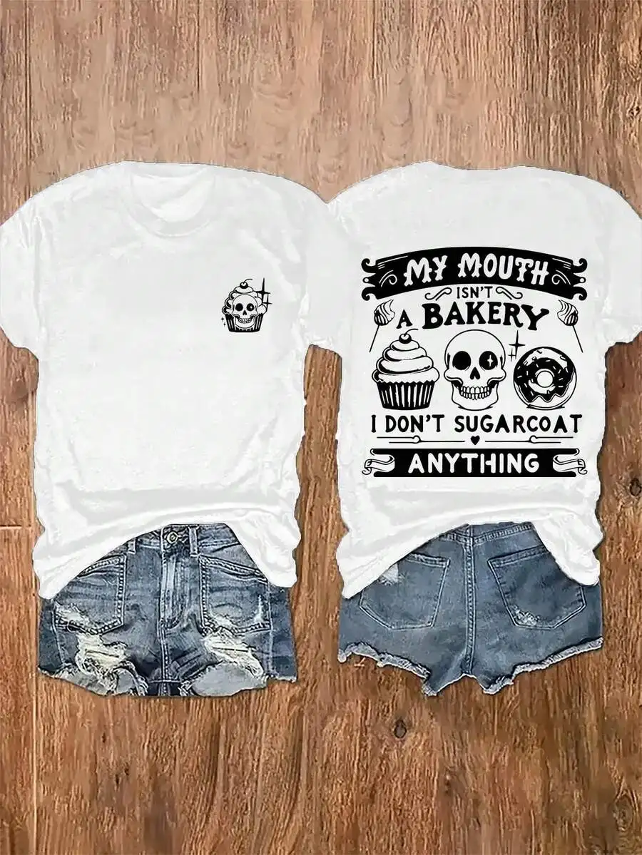 

Womens Cotton Skull And Letter Printed T-Shirt With Crew Neck Short Sleeve Casual Tee