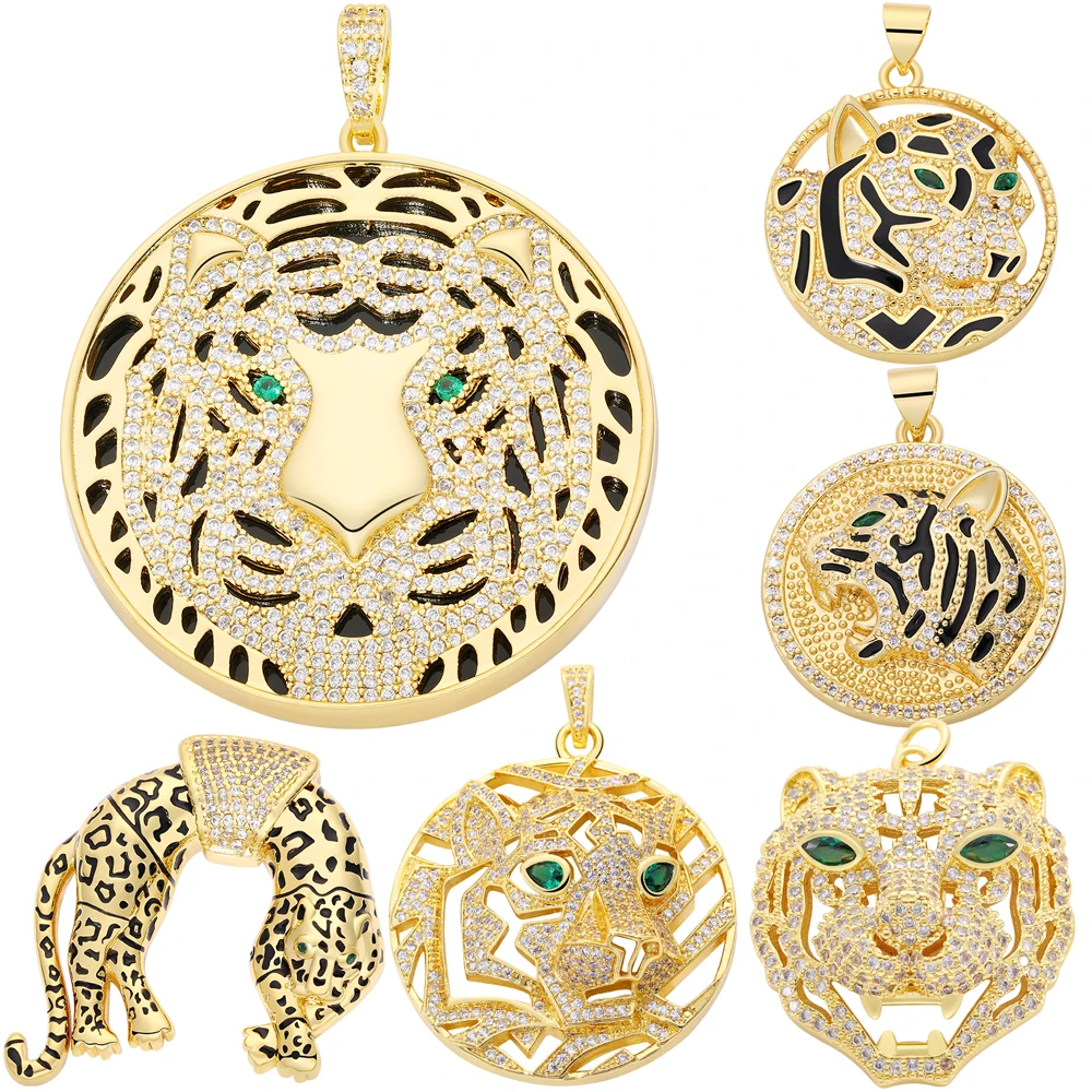 Juya DIY 18K Plated Enamel Animal Pendants Panther Head Tiger Leopard Charms For DIY Punk Luxury Women's Jewelry Making