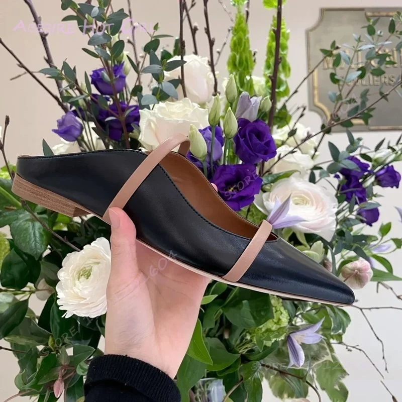 البغال المسطحة جلد أسود حزام الذهب المرأة عادية المنزل الكاكي وأشار النعال جوفاء الفضة الجانب موجة حذاء قماش جلد أبيض