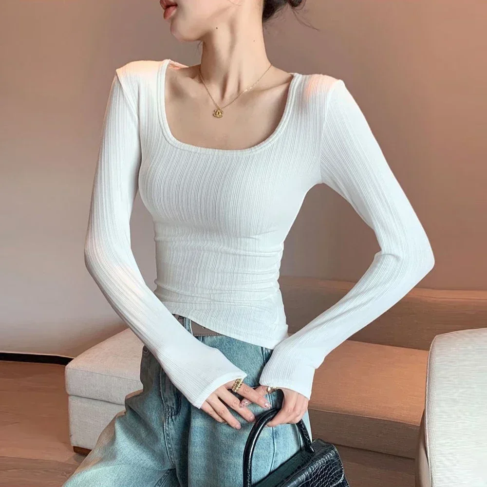 

Black White Elastic T Shirt Girl O-Neck Long Sleeve Knitting T-shirt Full Sleeve Slim Stretch Bottoming Tops Women Tees Clothing