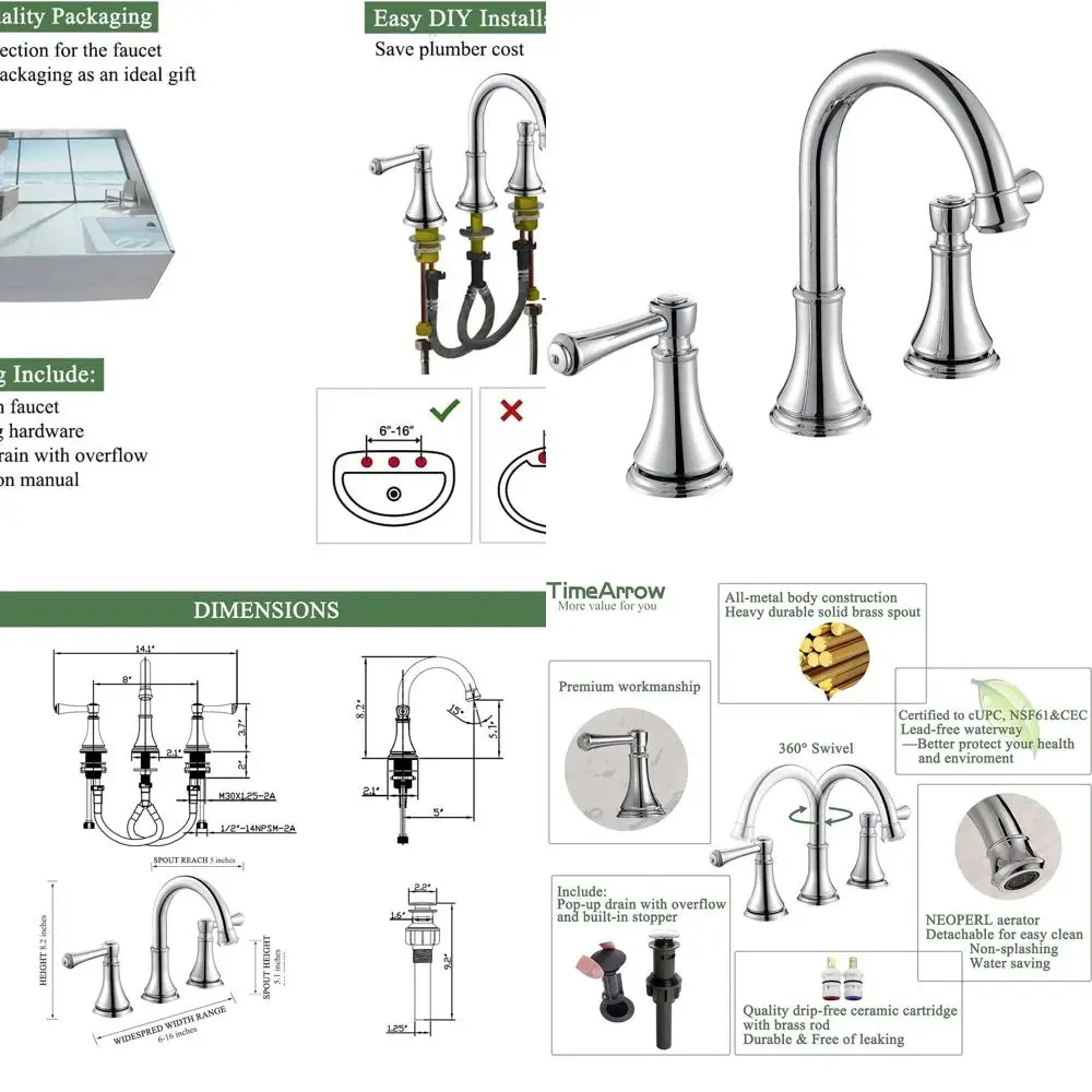 

8 Widespread 3-Hole Chrome Bathroom Sink Faucet with Pop-Up Drain and 360° Swivel Spout, Modern High Arc Vanity Fixture, TAF830Y
