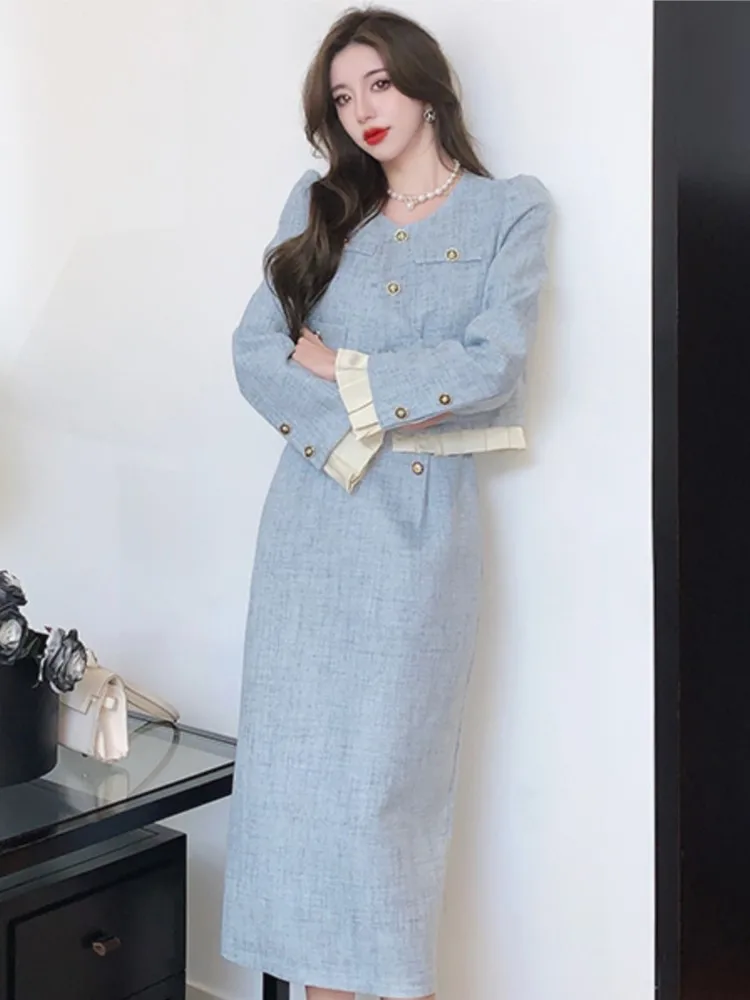 2023 autunno donna Blazer blu abiti coreano New Ruffles Short Top Lady Slim a-line gonna Midi Vintage femminile Y2k 2 pezzi Set