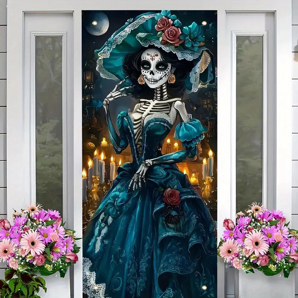 Cortina de porta 2D, 1 peça de decoração mexicana do Dia dos Mortos La Catalina Skeleton Lady - Tema de festa em casa do Dia dos Mortos