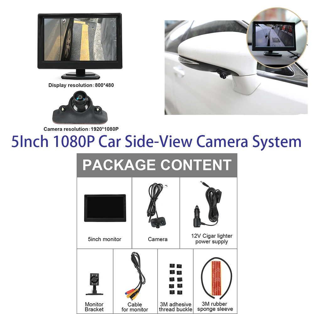 

Carsanbo 5Inch 1080P Car Side-View Camera System For Front Wheel Left Or Right View DIY Install Camera Adjustable Angle With LED