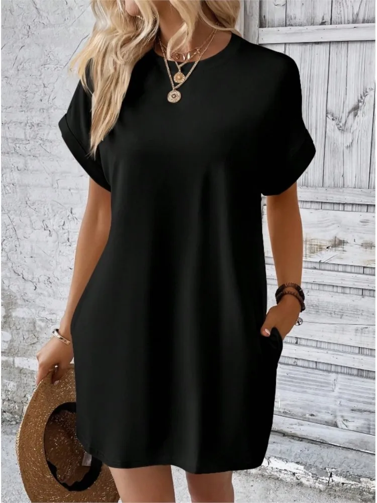 Summer New Fashion Boho Resort Style Pure Colors Beach Dresses For Women O Neck CasualLoose Short Sleeve Pocket Mini Dress