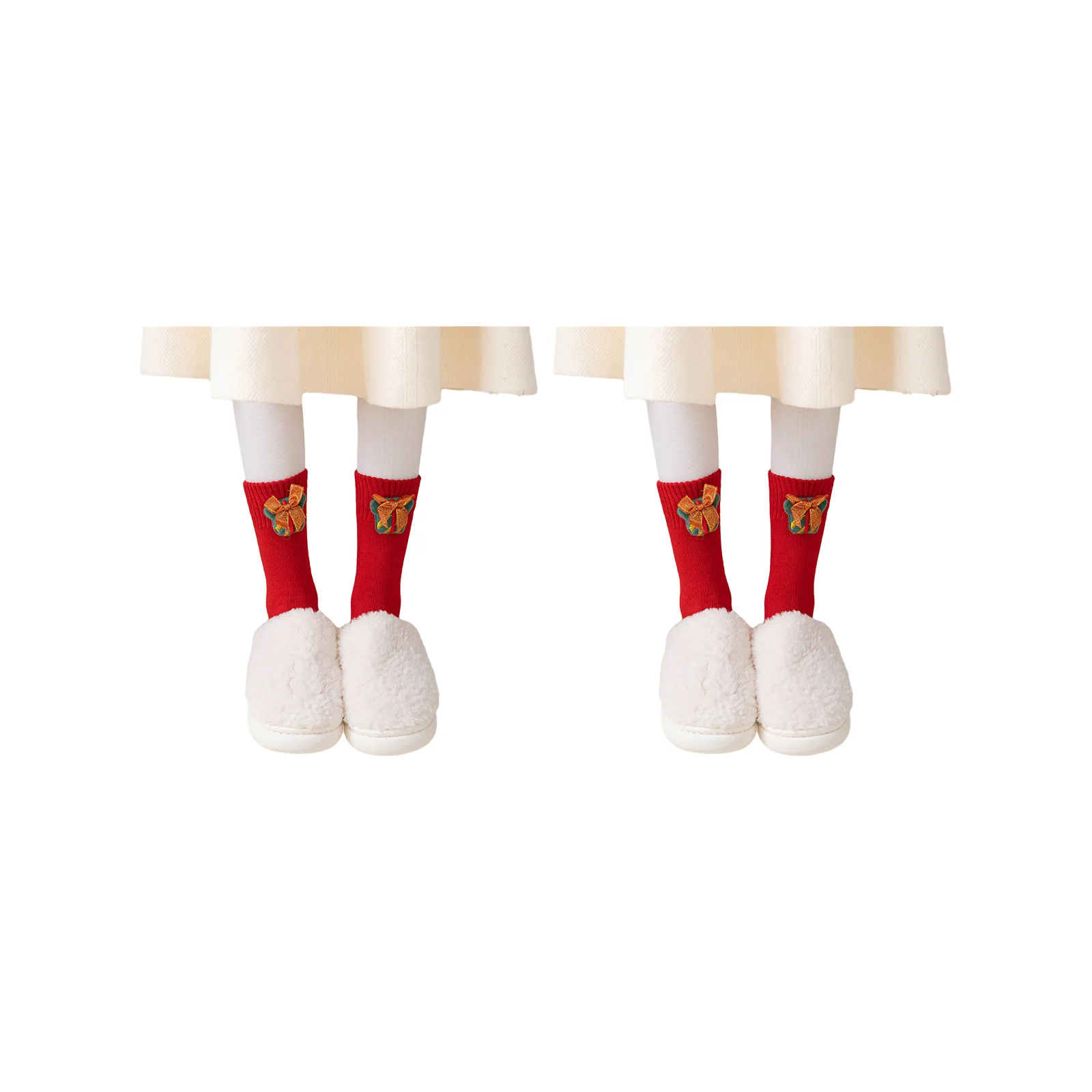 Christmas themed 7-pair women's terry mid-calf socks set (red socks with bells/Christmas tree/snowman/shoes/elk/Santa Claus)