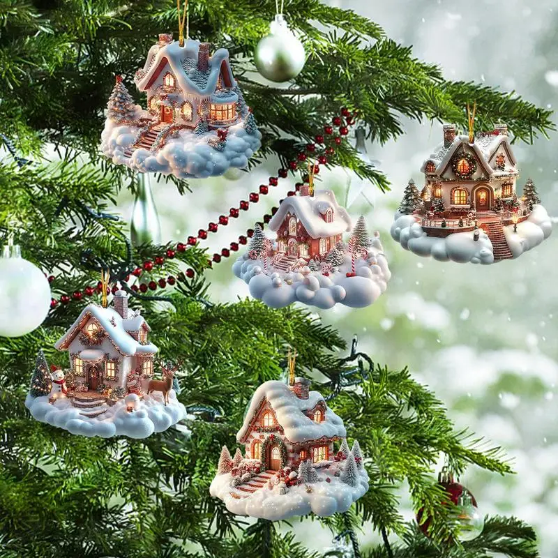 2D Acrylic Christmas House Ornament Charming Snow House Pendant for Christmas Tree Decoration Family Holiday Party Supplies