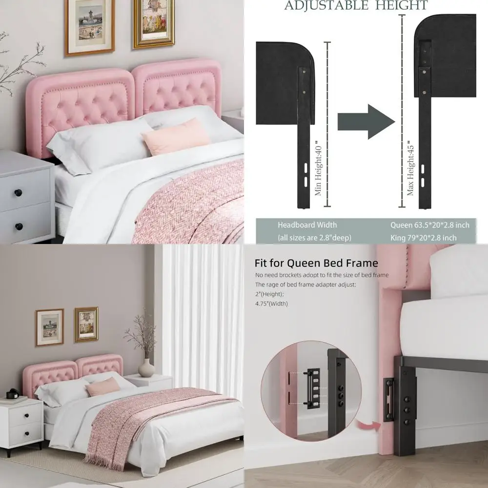 لوح رأسي منجد معنقدة بحجم كوين، ارتفاع قابل للتعديل، هيكل من الخشب الصلب، متين مع زخرفة رأس الأظافر، غرفة نوم أنيقة #1