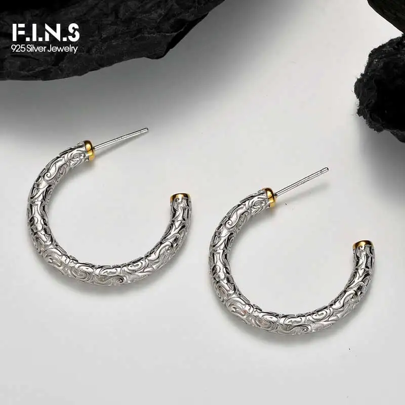 

F.I.N.S New Chinese S925 Sterling Silver Gold Embossed Pattern Earrings Exaggerated C-Shaped Piercing Ear Hoops Fine Jewelry