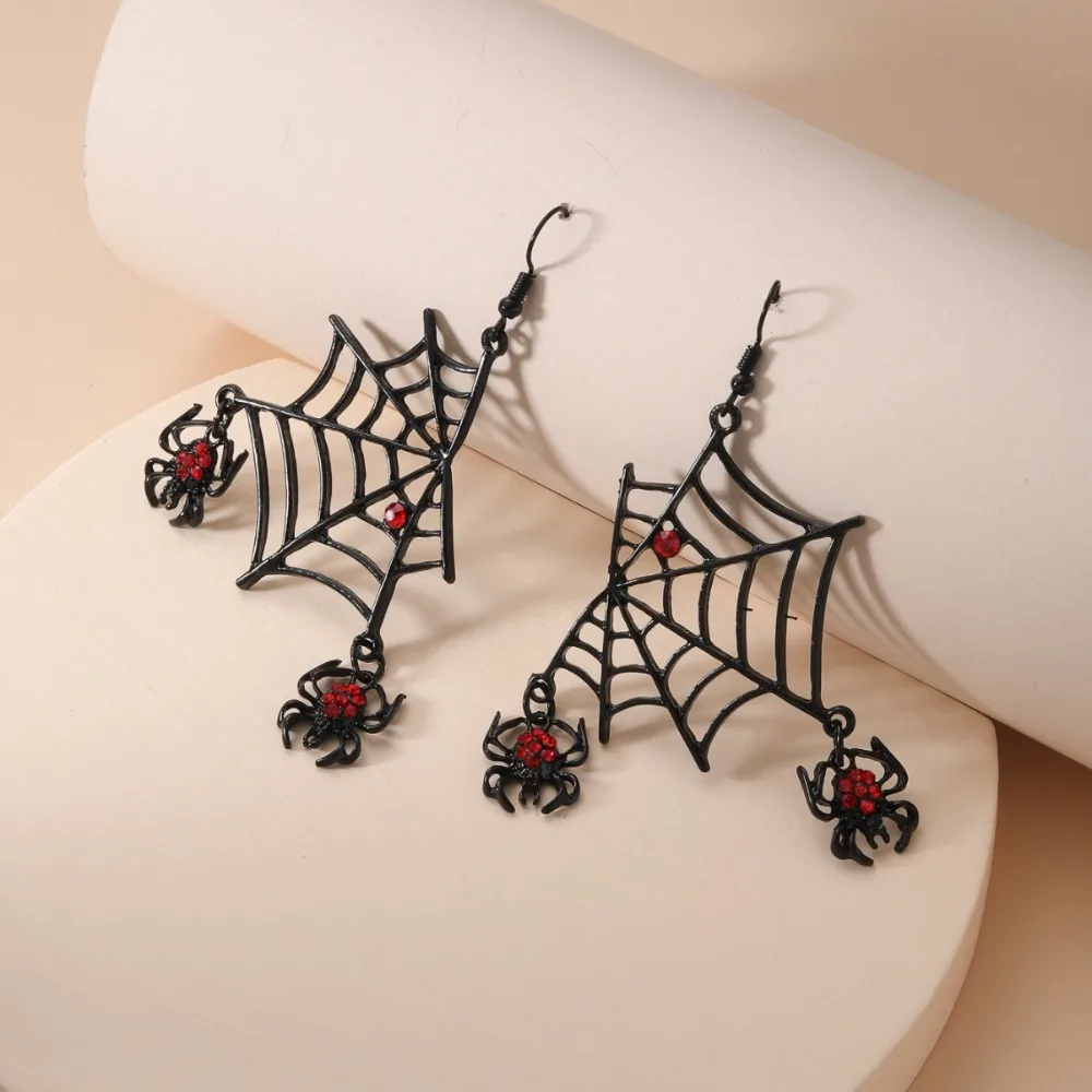 Fashion Punk Spider Web Earrings Rhinestone Gothic Halloween Earrings Exaggerated Trendy Spider Pendant Earrings Gift