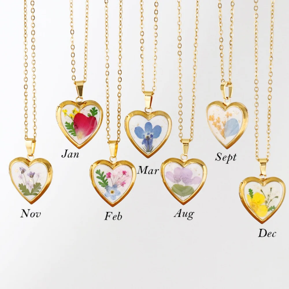 Stainless Steel Month's Eternal Flower Pendant Necklace For Women Love Heart Photo Box Clavicle Chain Party Jewelry Gift New In
