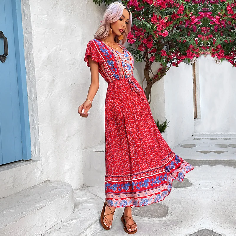 Summer Maxi Boho Beach Dresses for Women 2023 Vintage High Waist Elegant Green Floral Long Bohemian Dress Female Clothing