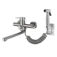 Brushed Nickel Wall Mounted Sink Kitchen Faucet with Sprayer 180 Degree Swivel Spout Stainless Steel Hot Cold Mixer Crane Tap