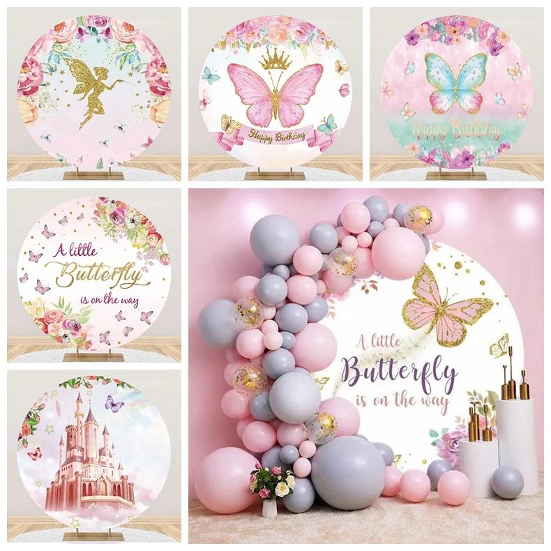 

Butterfly Baby Shower Round Backdrop Cover Princess Crown Rainbow Castle Birthday Party Custom Circle Photography Background