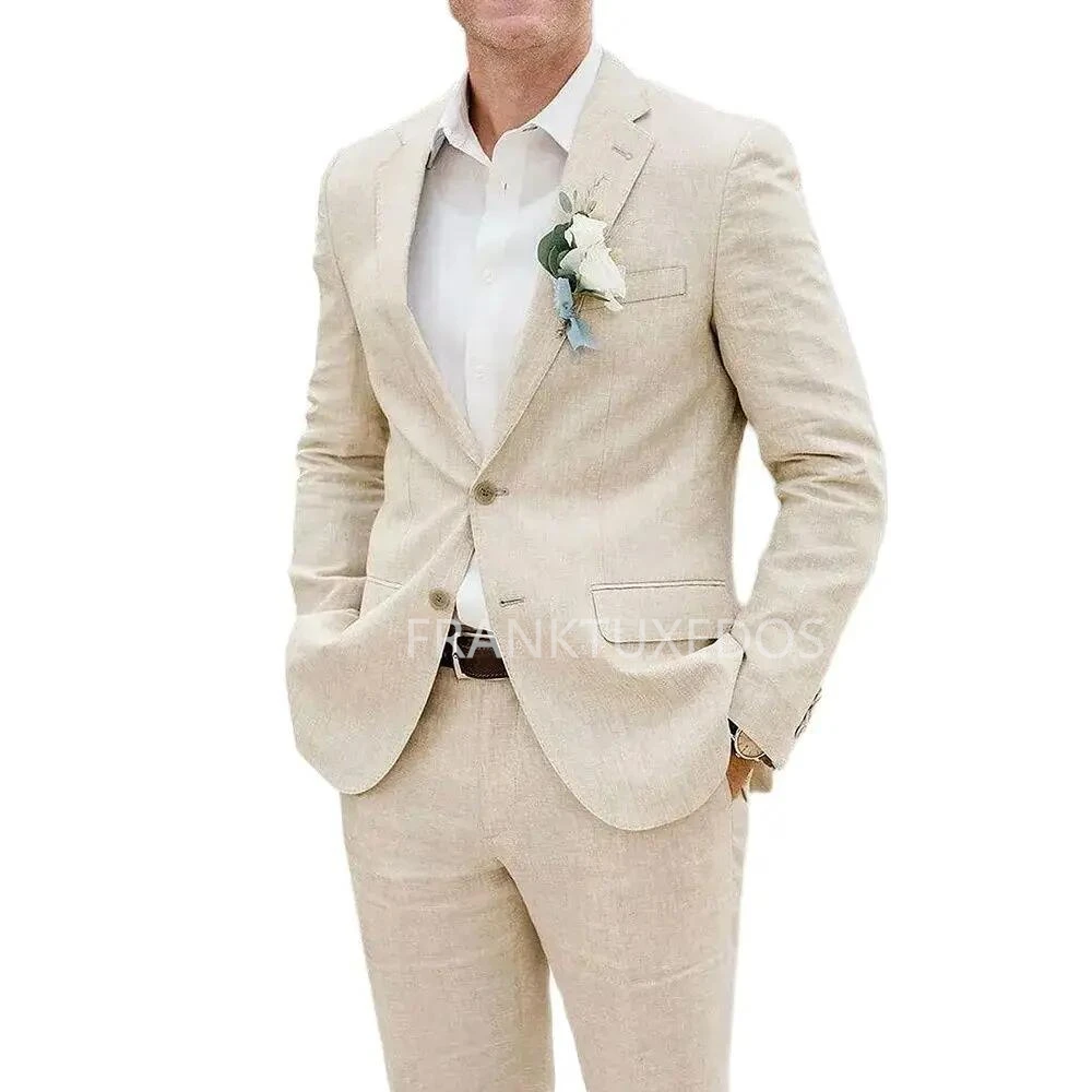 Beige Linen Men Wedding Tuxedos Slim Fit Men Suits Notched Lapel Two Buttons Jacket with Pants 2 Pieces Casual Set for Summer