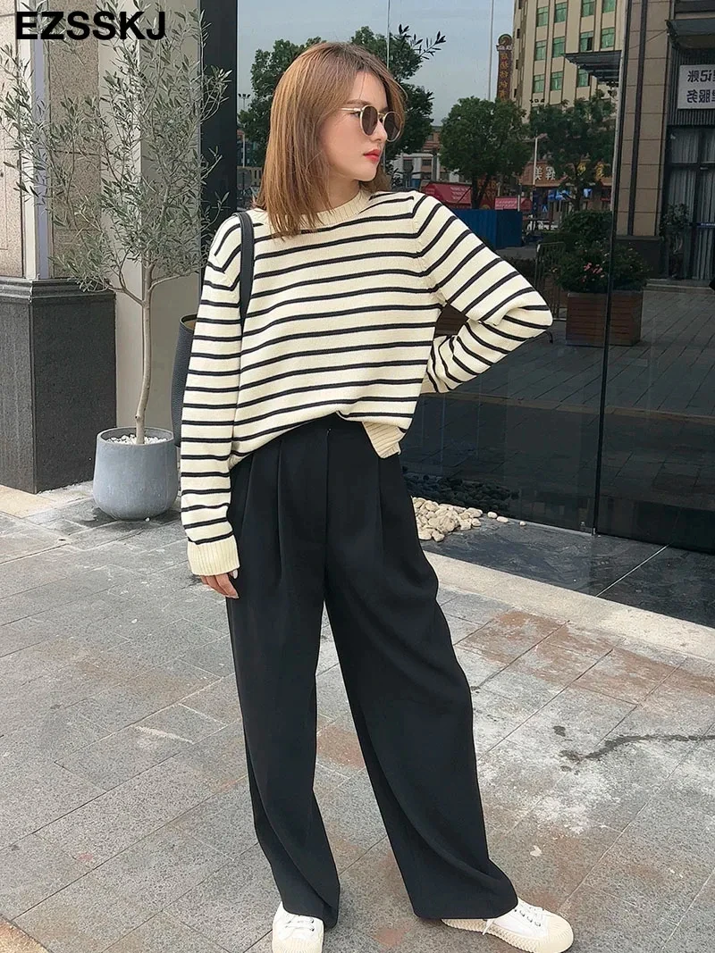 o-neck Black white stripe Loose Long sleeve sweaters 2022 women\'s sweater female cotton chic female loose women\'s jumper pull