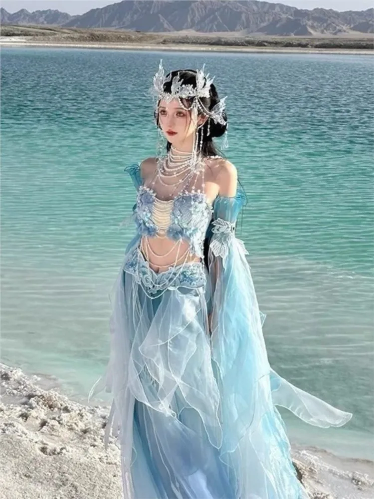 Exotic style gradient printed and embroidered women's dress chest-length Hanfu