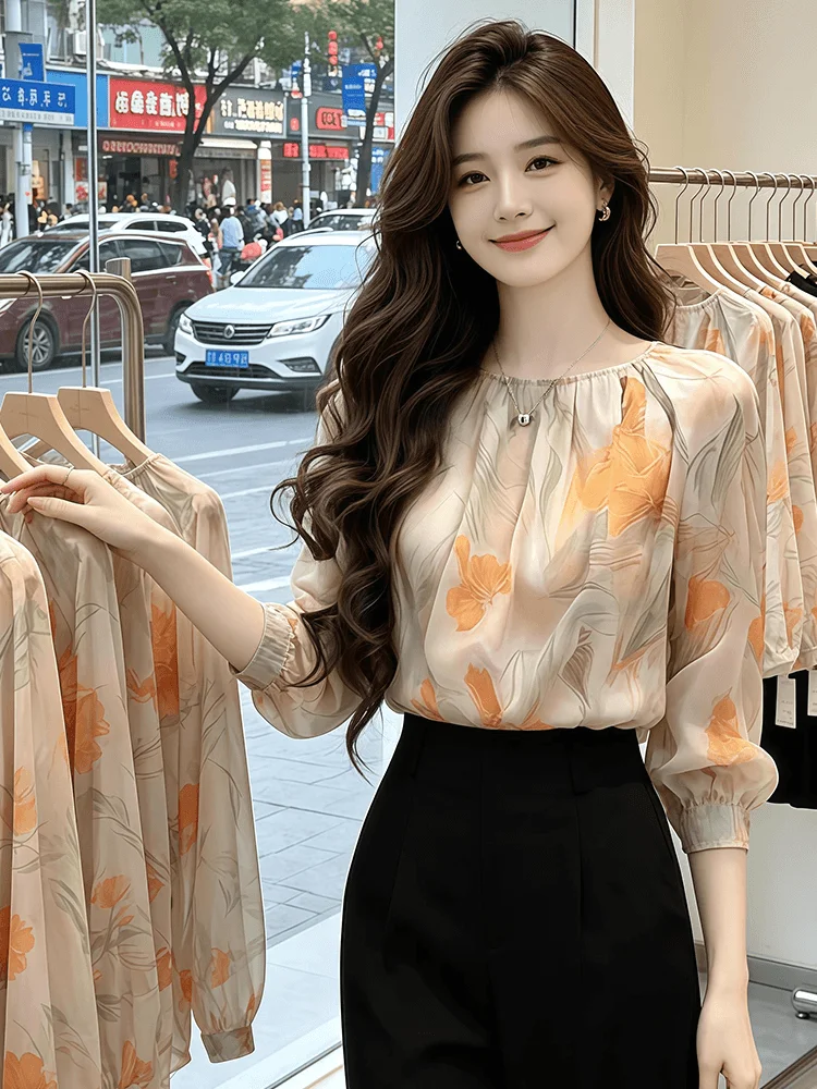 

Chic Orange Chiffon Short Sleeve Shirt Women's Spring Summer New Style Unique Design Sensation Sun Protection Top Casual Loos...