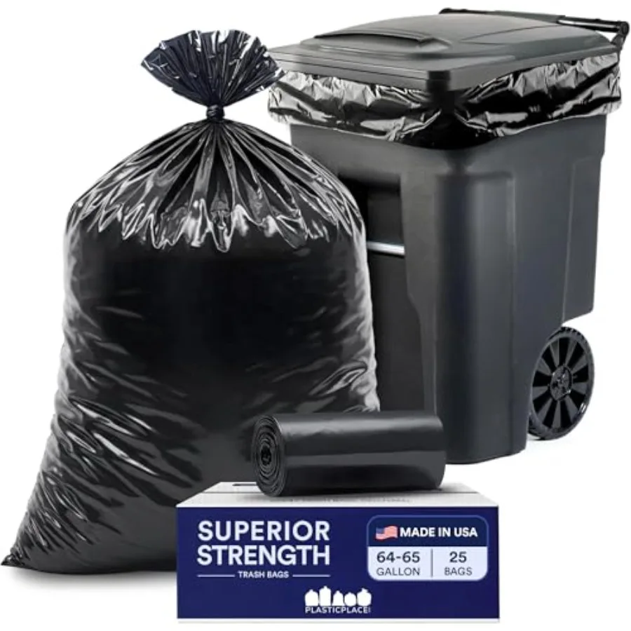 

64-65 Gallon Black Trash Bags Heavy Duty Toter Can Liners Tear Leak-Proof Industrial Strength 25 Count Large Garbage Bags for K