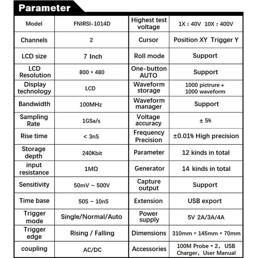 FNIRSI-1014D Digital Oscilloscope 2In1 Dual Channel Input Signal Generator 100MHz* 2 Ana-log Bandwidth 1GSa/s Sampling Rate