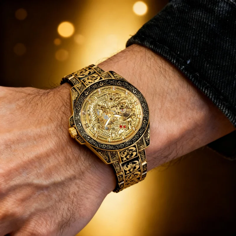 A men's yellow retro style high-end carved yellow dragon fully automatic mechanical watch - Image 6