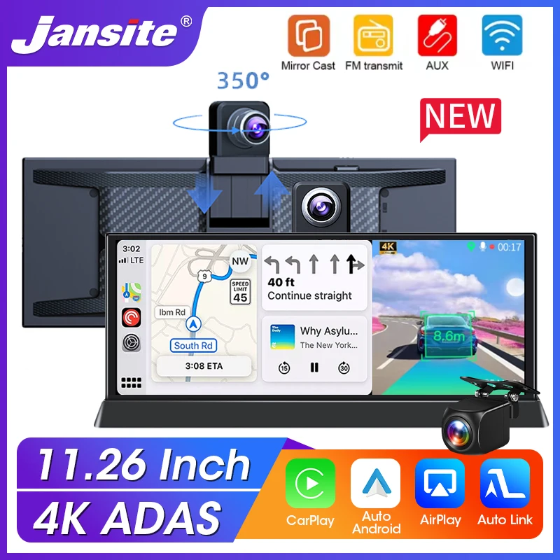 11.26 Inch 4K ADAS DVR Wireless CarPlay Android Auto Dash Cam Bluetooth Audio GPS Navigation Dashboard Dual Lens Video Recorder