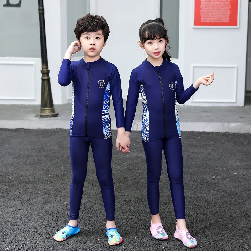 Boys Girls Split Long Sleeve Swimsuit Kids UPF50+ Rash Guard Quick Dry Children Diving Bathing Suit Three Piece Swimwear