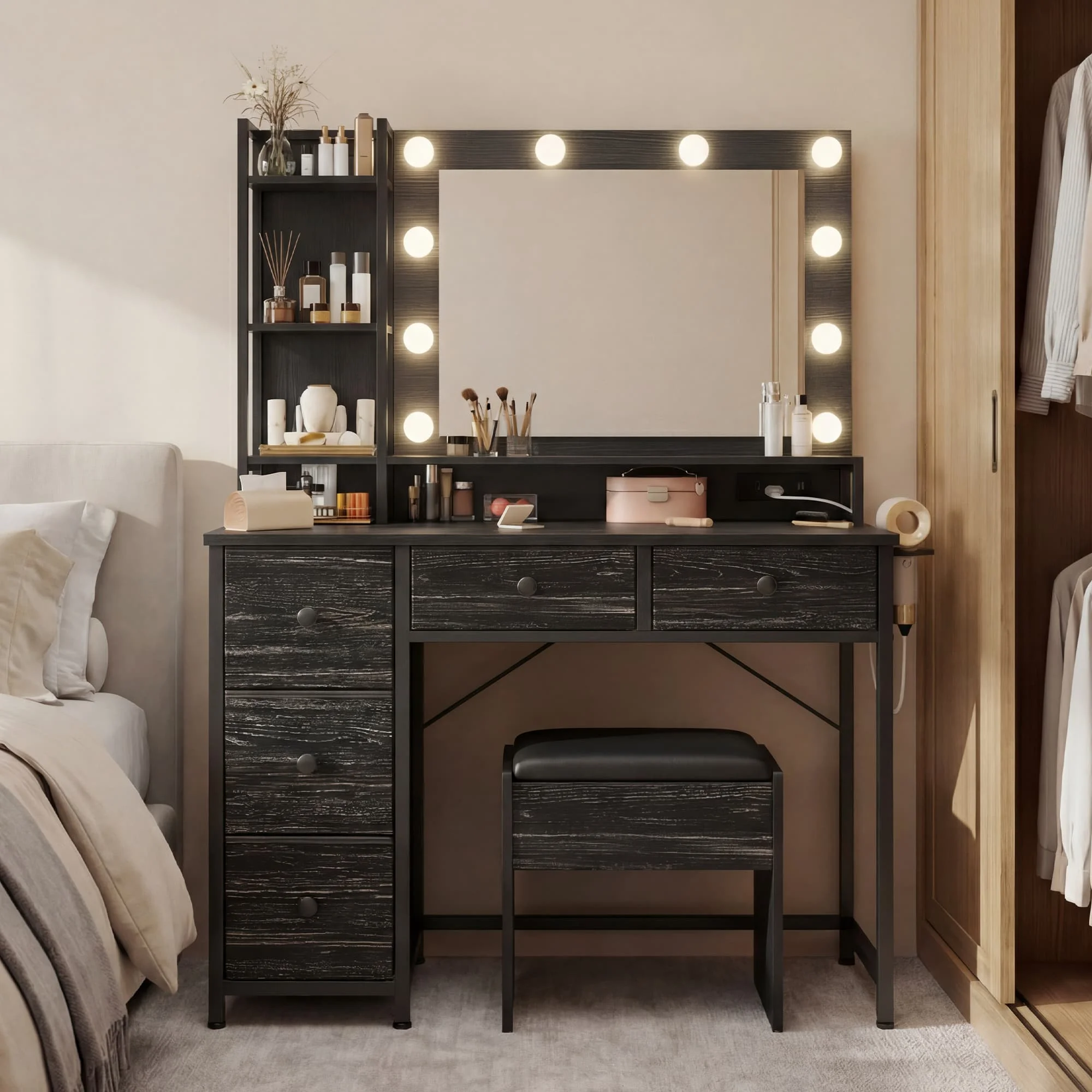EnHomee Dressing Table  5 Fabric Drawers Makeup Vanity Table for Bedroom Vanity Desk with LED Lighted Mirror & Charging Staion  Dorm