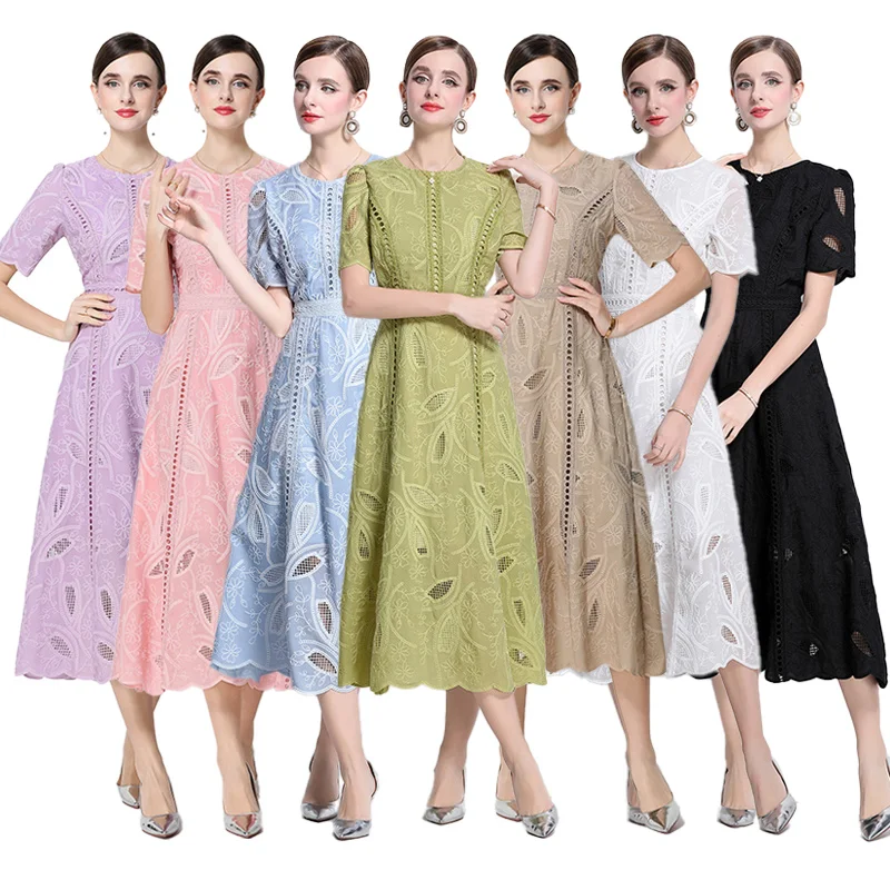 

Elegant Short Sleeve Embroidered Hollow out Vintage Heavy Work Summer Dress Women Slimming Long Skirt Midi Dress for Ladies