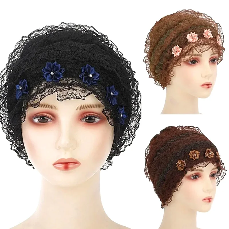 

Summer Breathable Lace Mesh Turban Muslim Flower Hijab Headscarf Cap Headband Wrap Bonnet Hats Women's Headwear