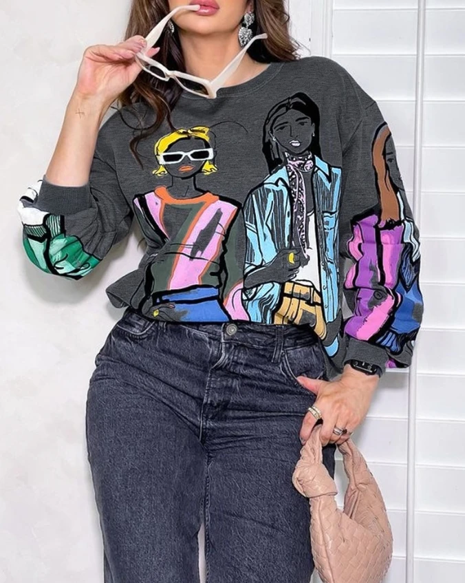 Y2K Style Women's T-Shirt 2024 Autumn Fashion Casual Self Portrait Print Abstract Casual Fleece Lined Long Sleeves Sweatshirt