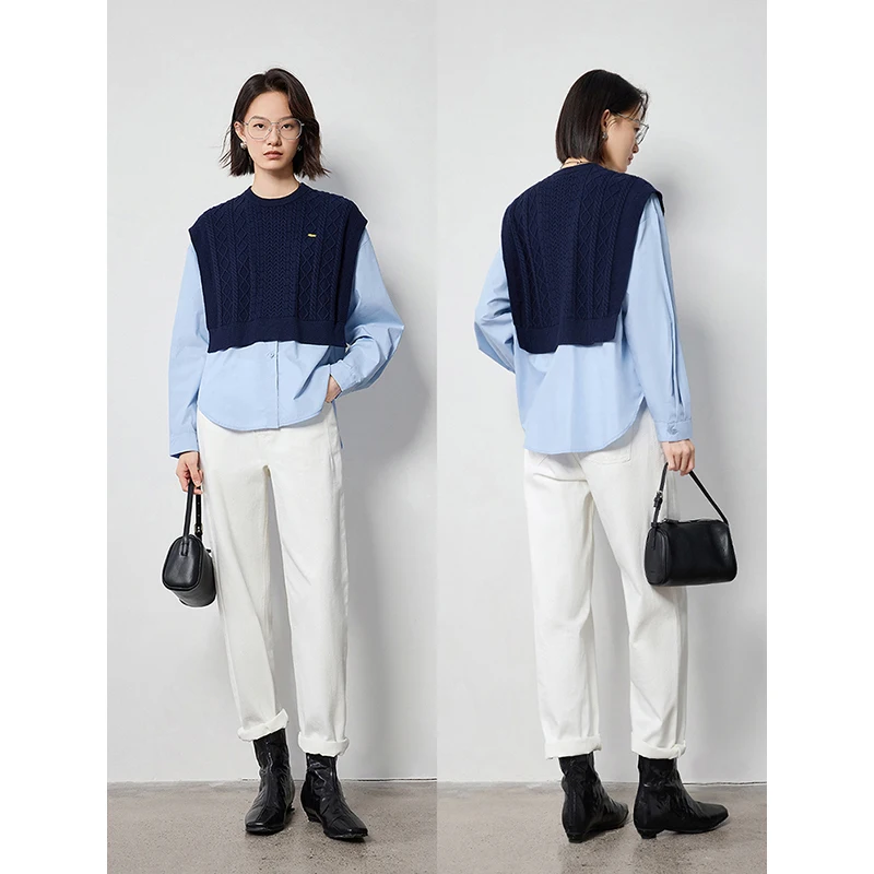 TOYOUTH Women Knitted Blouse Shirt 2024 Autumn New Splicing Fake Two Piece Round Neck Pullover Tops