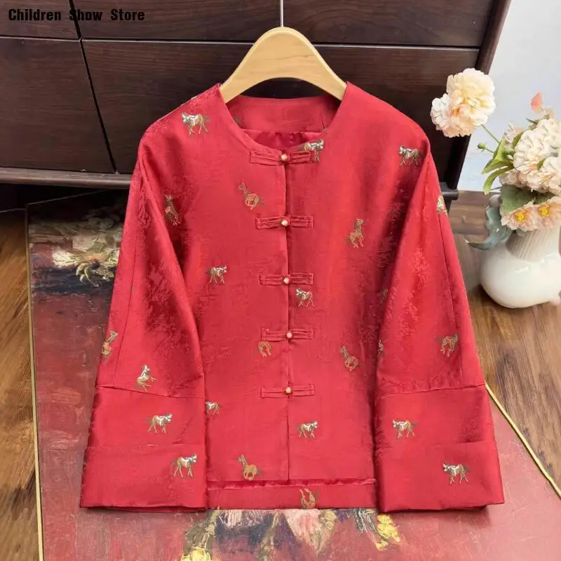 

Женская элегантная куртка для вечеринок к Весеннему фестивалю 2026, в стиле Тан, с вышивкой лошади, осенне-весенняя уличная одежда, топы Ханьфу Ципао