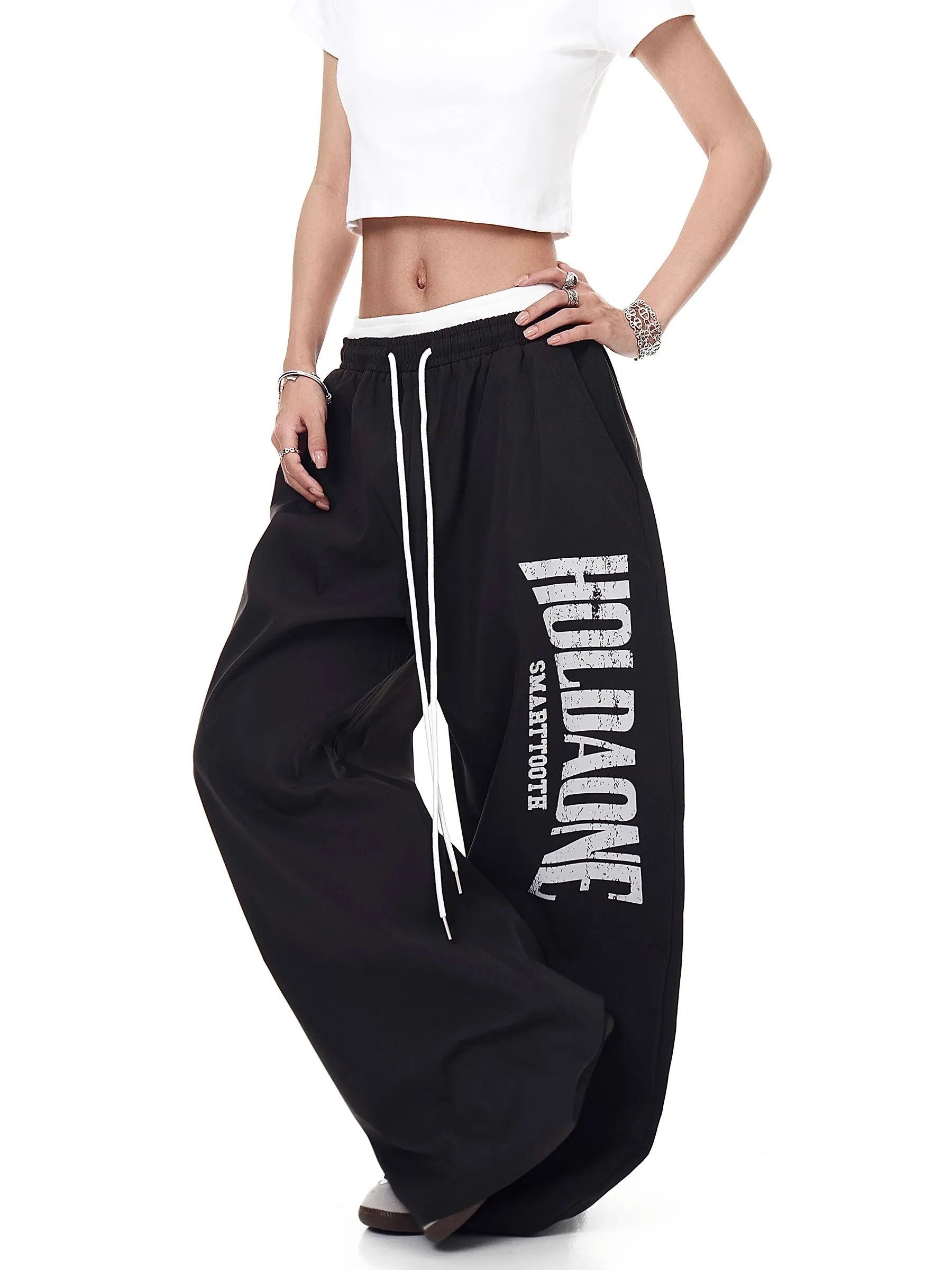 Retro American Printed Loose Casual Pants High Waist Jazz Dance Women's Sle Splicing Wide Leg Floor Length Trousers