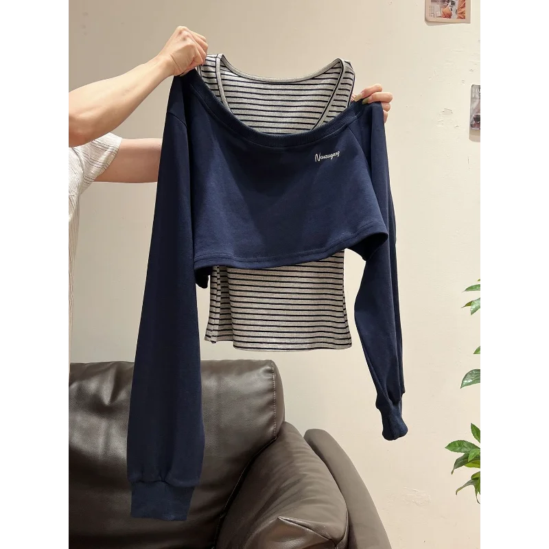 شيا Zhenhua رمادي خارج الكتف طويلة الأكمام مخطط البلوز المرأة 2025 الخريف تصميم مطابقة سترة قطعتين مجموعة #5