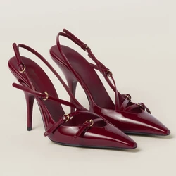 French Style Belt Buckle Wine Red Sandals 2024 Brand Summer Retro Patent Leather Socialite Temperament Pointed Black High Heels