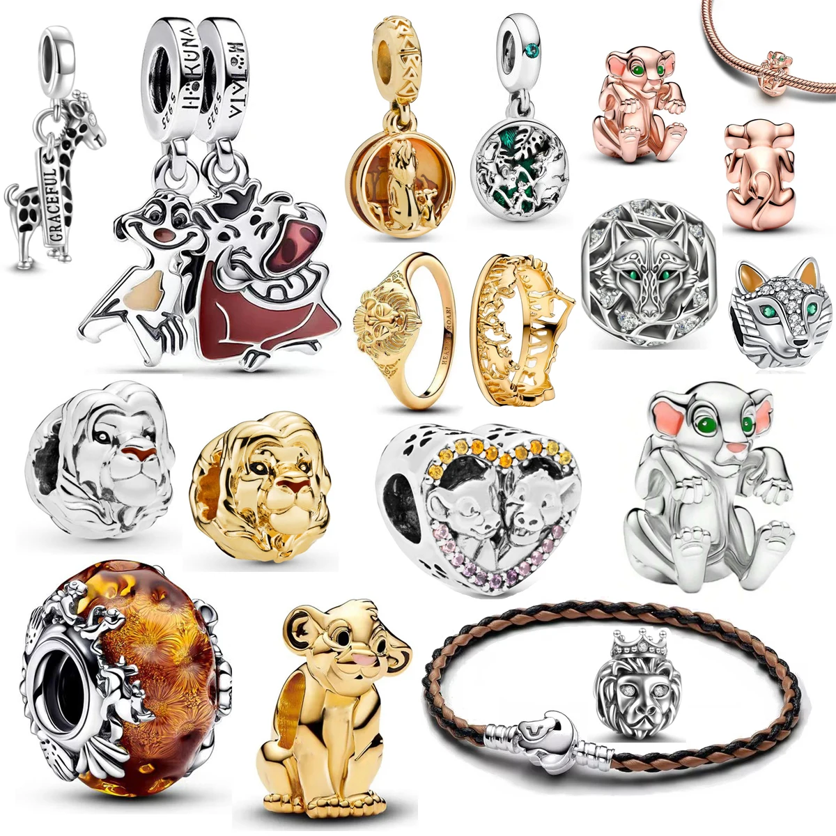 Disney The Lion King Simba Wolf Mouse Fat&Thin Charm 925 Silver Hear ME Roar！  Ring Fit Original Pandora Bracelets DIY Jewelry