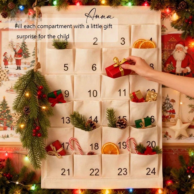 Ornamento de natal personalizado tecido calendário do advento reutilizável parede pendurado com 24 bolsos para crianças família decoração contagem regressiva natal